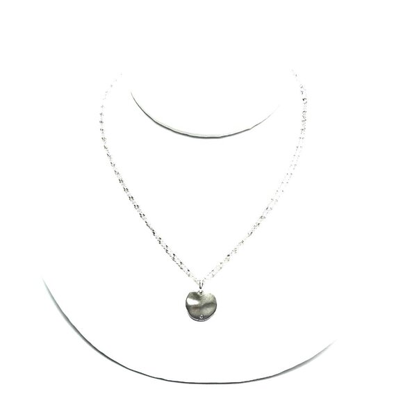 Signed Sterling Silver Hammered Disc Pendant Diamond w/New Italian Double Chain - Picture 3 of 7